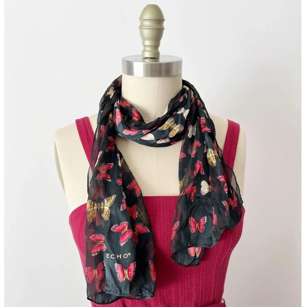Echo Scarf Black Red Gold Butterfly Print 100% Silk Sheer Lightweight